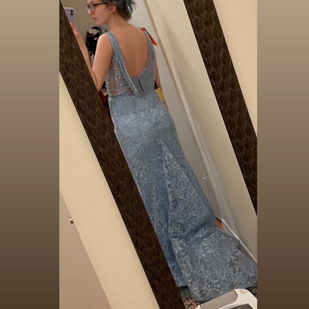 Custom evening gown baby blue beaded fringe
